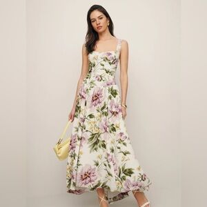 Reformation Floral Midi Dress in White with Pink & Green